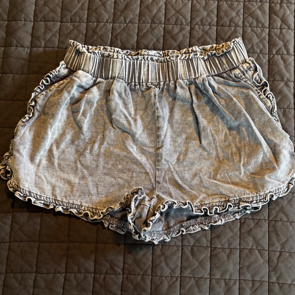 Mustard Seed Womens Gray Acid Wash Ruffle Trim Elastic Waist Shorts Small